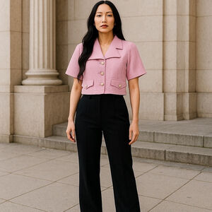 Tweed Top Pink Cropped Collared Button Up Short Sleeves Faux Pearl Button Preppy
